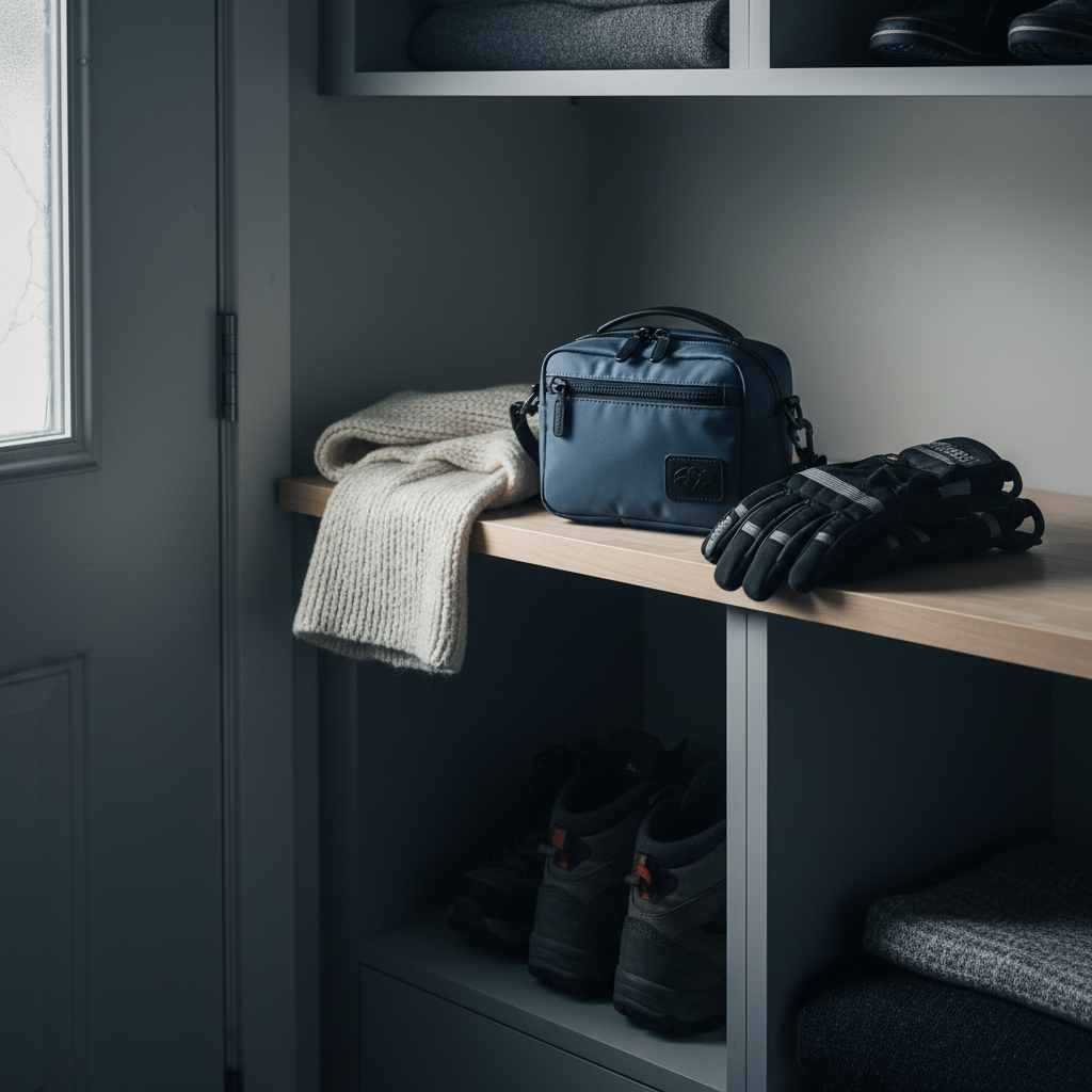 A sturdy, compact camera bag in slate blue ballistic nylon with black leather accents, positioned on a tidy entryway shelf beside a thick woolen scarf and insulated work gloves—each item carefully positioned. The surrounding area is composed of clean, minimalist storage cubbies in soft grey tones. Cool, early morning light filters through a frosted doorway window, catching subtle textures and clean edges, casting structured, gentle shadows. The mood evokes readiness and calm organization before heading into subarctic conditions. Shot from a slightly downward angle with balanced, rule-of-thirds composition, the photographic style highlights the prepared and pragmatic aspects of Alaskan lifestyle photography.