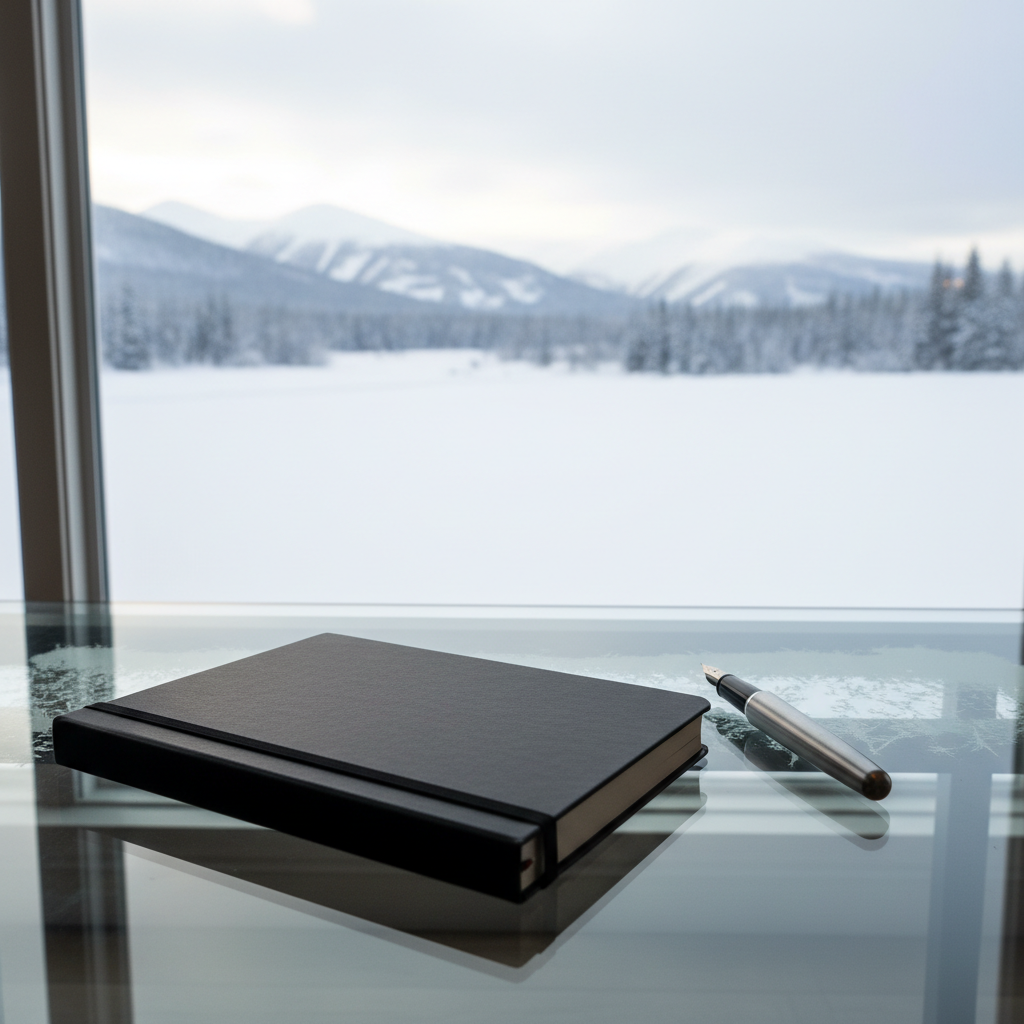 A sleek matte-black notebook and a high-quality silver pen laying side by side on a clear glass desk, both reflecting gentle light from a snow-bright landscape outside a large window. Subtle frost edges the glass, indicating the harsh exterior temperatures of Fairbanks. Diffused natural light streams in, producing soft, balanced highlights and barely-there shadows. The mood is focused and purposeful, evoking productivity despite the chilling climate. Photographed from an eye-level perspective with an asymmetrical, rule-of-thirds composition and a crisp, minimalist aesthetic in neutral tones. The image conveys the professional approach to documenting daily life and chronic illness, echoing the blog’s introspective and structured personality.