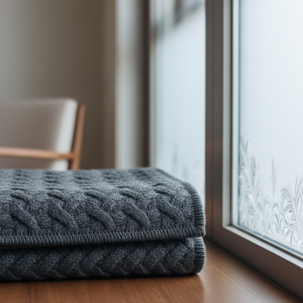 A close-up of a durable, charcoal-grey wool blanket with visible, thick woven textures and neat stitching, neatly folded beside a frosted double-pane window. Fine ice crystals lace the window’s edge, and the background softly fades into a neutral, uncluttered interior. Silvery midday light filters through, illuminating the fibers of the blanket while producing cool, subtle gradations of shade. The overall mood is serene and comforting, emphasizing the importance of warmth and self-care in extreme conditions. Captured with sharp focus on the wool texture, a shallow depth of field blends the background for a corporate yet welcoming composition, embodying the lifestyle blog’s resilient but inviting spirit.