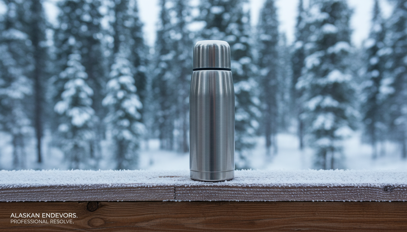 A pristine stainless steel thermos with a brushed satin finish and an insulated cup lid, perched atop a rough-hewn wooden deck rail dusted with delicate frost patterns. The background reveals a view of a serene winter forest, with tall spruce trees softened by a blanket of snow. Soft, overcast daylight creates gentle highlights on the thermos and glistening patches on the ice crystals, while casting smooth, muted shadows. The atmosphere is calm and contemplative, hinting at quiet resilience in the face of cold. Captured from a slightly elevated angle with the thermos centered, the composition uses clean lines and balanced framing. The style is photographic realism with a corporate, structured layout, supporting the blog’s theme of embracing Alaskan challenges with professionalism.
