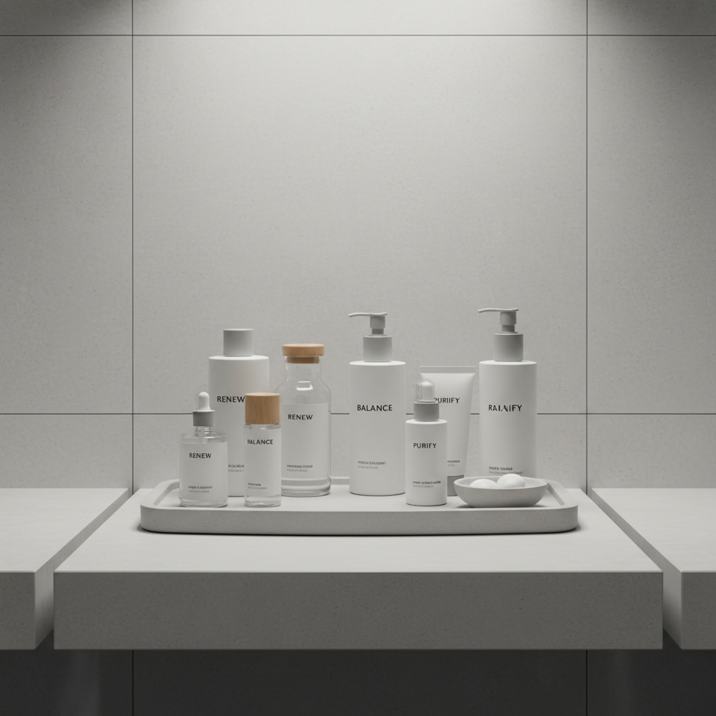 An orderly arrangement of well-designed personal care products—matte white bottles and clear glass containers with modern, minimalist labels—placed on a balanced, light grey ceramic tray. The tray sits on a smooth concrete countertop with structured edges, against a crisp background of pale tiles. Cool, diffused artificial light from above creates precise highlights and soft shadows, highlighting the clean lines and tranquil palette. The balanced composition features centered framing and negative space around the products. The mood is clinical yet uplifting, reinforcing confidence in quality recommendations and structured routines, in line with the blog’s professional and trustworthy aesthetic.